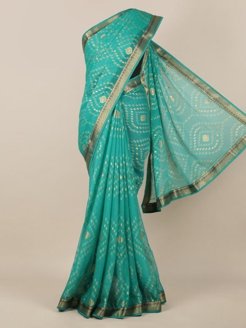 

Pothys Green & Gold-Toned Poly Chiffon Woven Design Saree
