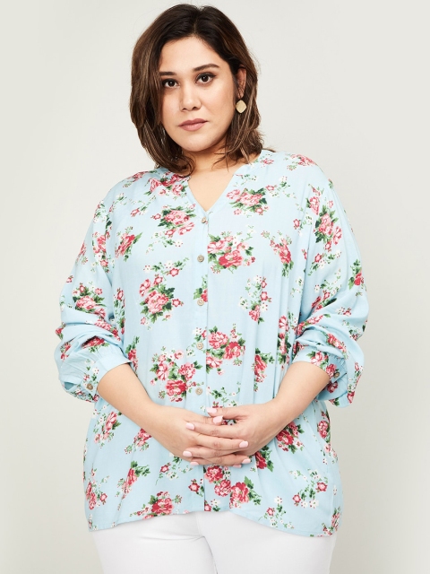 

nexus Blue Floral Printed Mandarin Collar Top