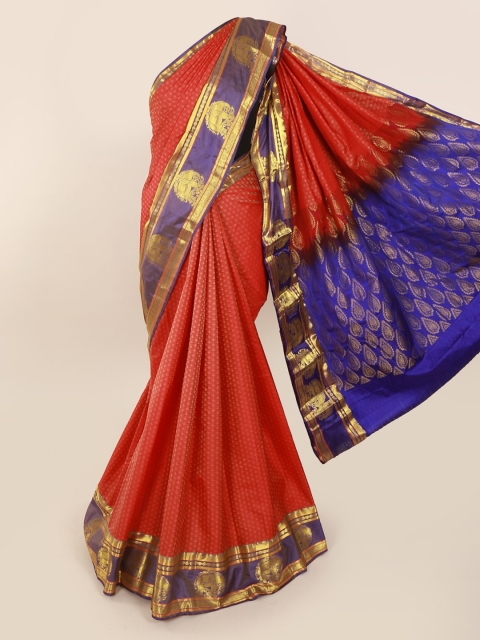 

Pothys Rust Red & Blue Pure Silk Printed Kanjeevaram Saree