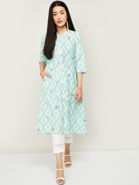 

Melange by Lifestyle Women Turquoise Blue Geometric Printed Thread Work Kurta
