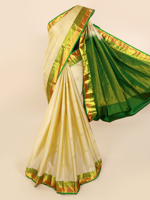 

Pothys Cream-Coloured & Green Pure Silk Woven Design Kanjeevaram Saree