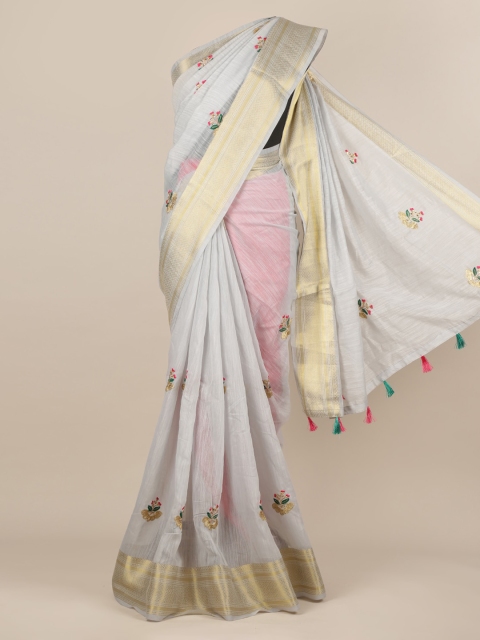 

Pothys Grey & Yellow Jute Silk Embroidered Saree