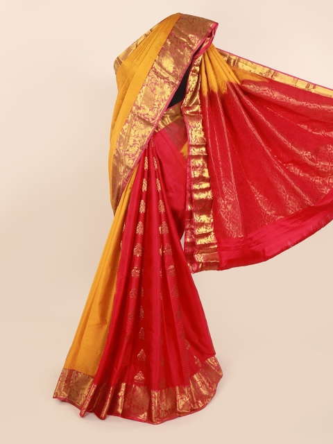 

Pothys Mustard & Pink Pure Silk Colourblocked Kanjeevaram Saree