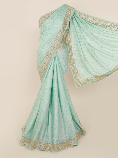 

Pothys Turquoise Blue & Gold-Toned Pure Georgette Printed Saree