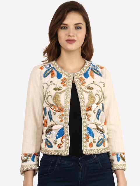 

Diwaah Women Cream-Coloured Printed Open Front Jacket