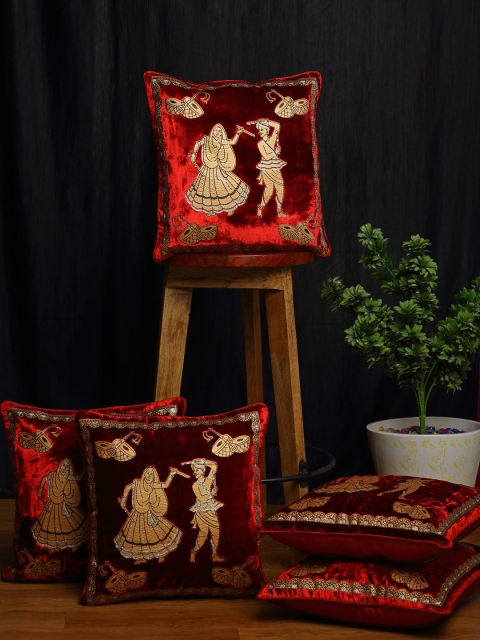 

HOSTA HOMES Maroon Set of 5 Ethnic Motifs Square Velvet Cushion Covers