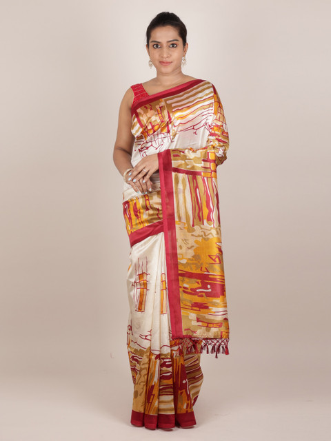 

Pothys White & Yellow Jute Silk Printed Saree