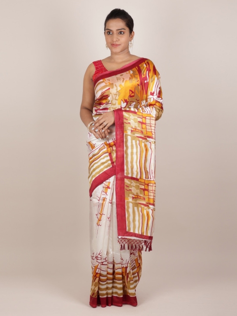 

Pothys White & Red Jute Silk Printed Saree