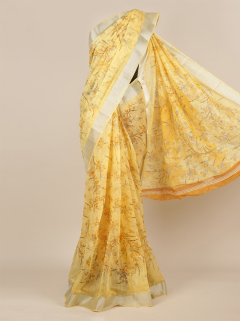 

Pothys Yellow & Silver-Toned Jute Silk Printed Saree
