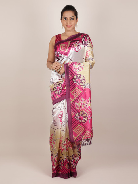 

Pothys Cream-Coloured & Pink Jute Silk Printed Saree