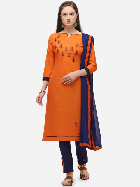 

mf Orange & Navy Blue Cotton Blend Unstitched Dress Material
