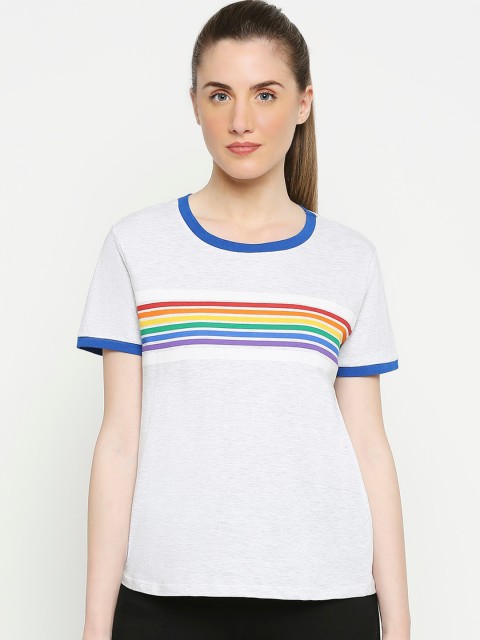 

Ajile by Pantaloons Women Grey Melange Striped Round Neck Cotton Pure Cotton T-shirt