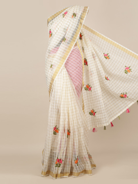 

Pothys Cream-Coloured Embroidered Jute Silk Saree