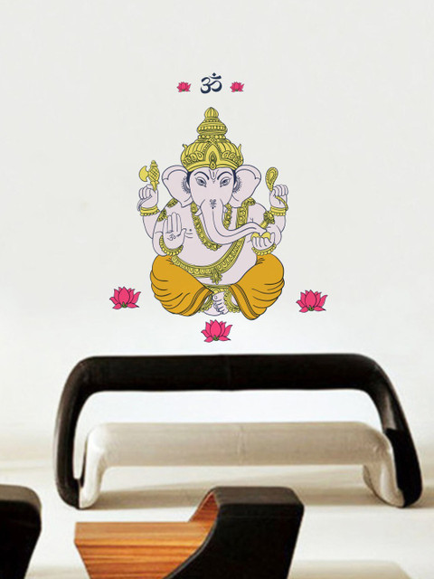 

rawpockets Cream Coloured & Yellow Lord Ganesha and Lotus Flower Wall Sticker