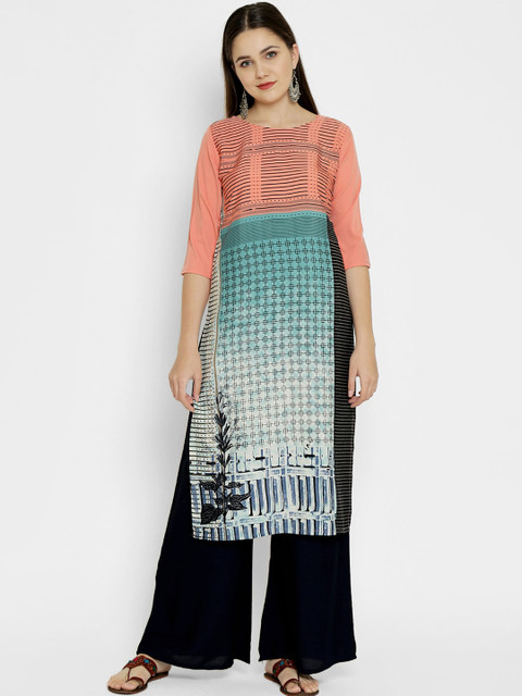 

7Threads Women Pink Geometric Printed Crepe Kurta