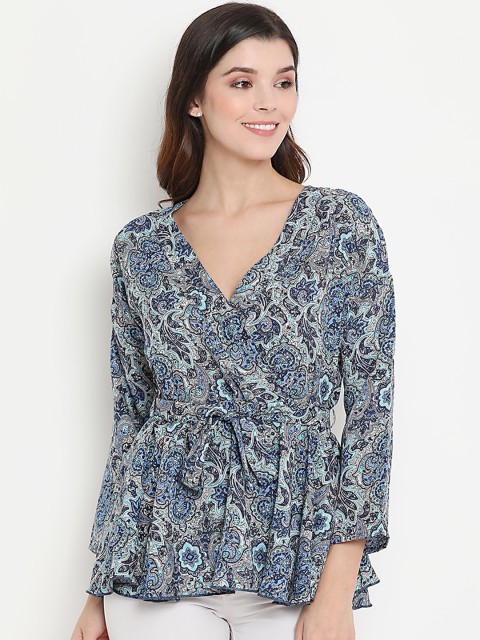

THREAD MUSTER White & Navy Blue Printed Crepe Wrap Top