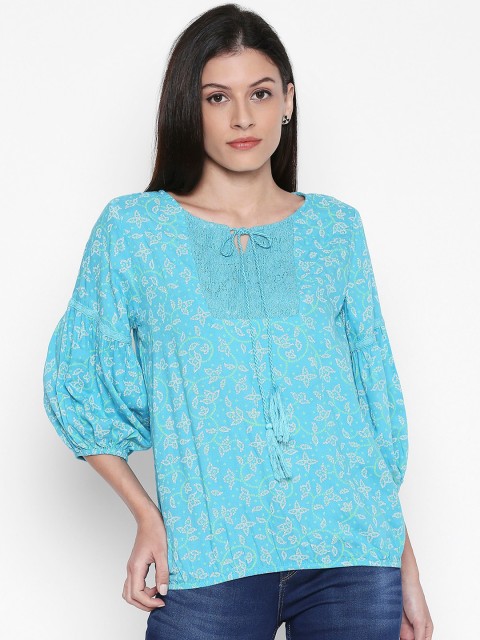 

People Turquoise Blue Floral Printed Tie-Up Neck Puff Sleeves Top