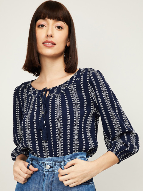 

Fame Forever by Lifestyle Navy Blue Geometric Printed Tie-Up Neck Top