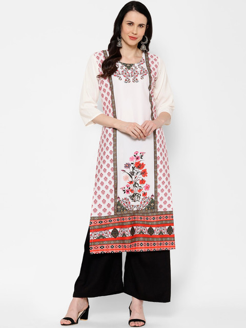 

7Threads Women White & Red Floral Printed Crepe Kurta
