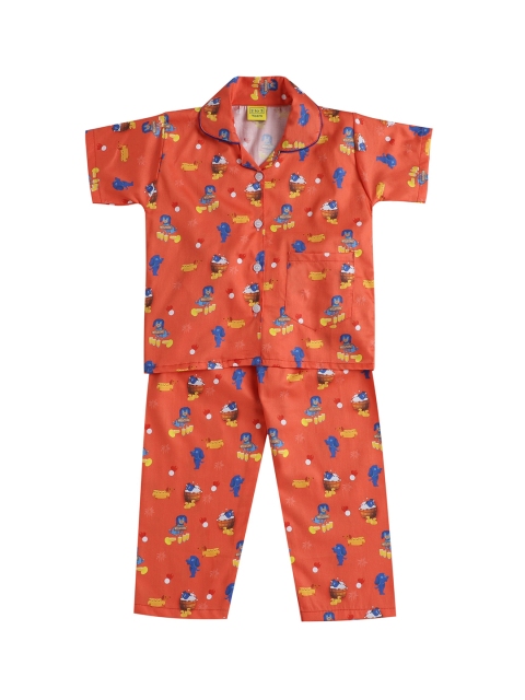 

The Magic Wand Girls Rust Orange & Blue Printed Night suit