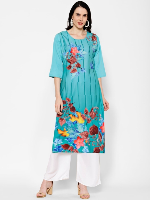 

7Threads Women Blue Floral Printed Crepe Kurta