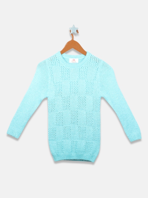 

OWM Girls Turquoise Blue Self Design Pullover Sweater