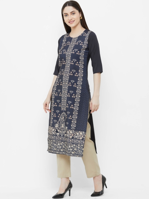

7Threads Women Navy Blue Floral Printed Crepe Kurta