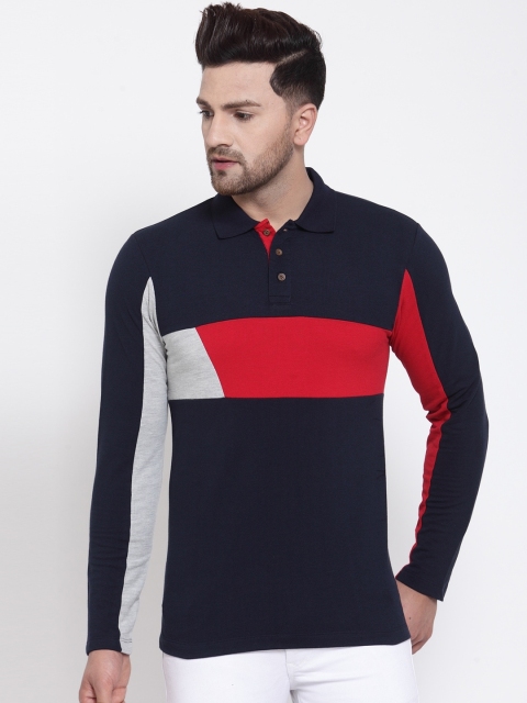 

Kalt Men Navy Blue Colourblocked Polo Collar T-shirt
