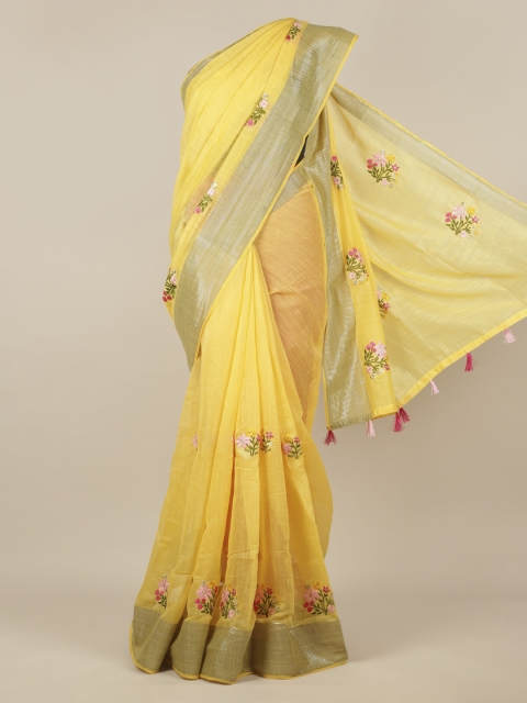 

Pothys Yellow Embroidered Jute Silk Saree