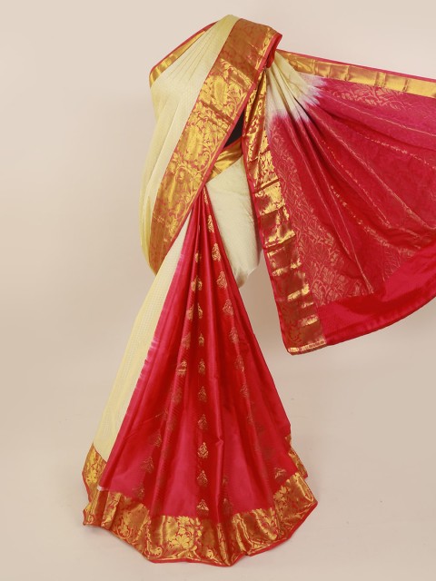 

Pothys Cream-Coloured & Pink Pure Silk Colourblocked Kanjeevaram Saree