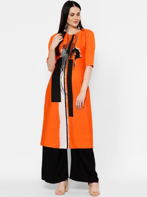 

7Threads Women Orange Printed Crepe Kurta
