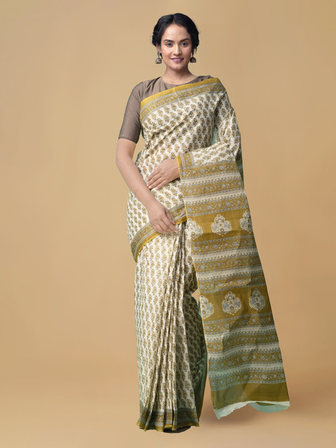 

Unnati Silks Cream-Coloured Pure Cotton Printed Kovai Saree