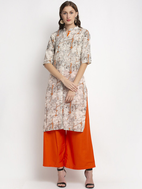 

NEUDIS Women Grey & Cream-Coloured Printed Keyhole Neck Kurta