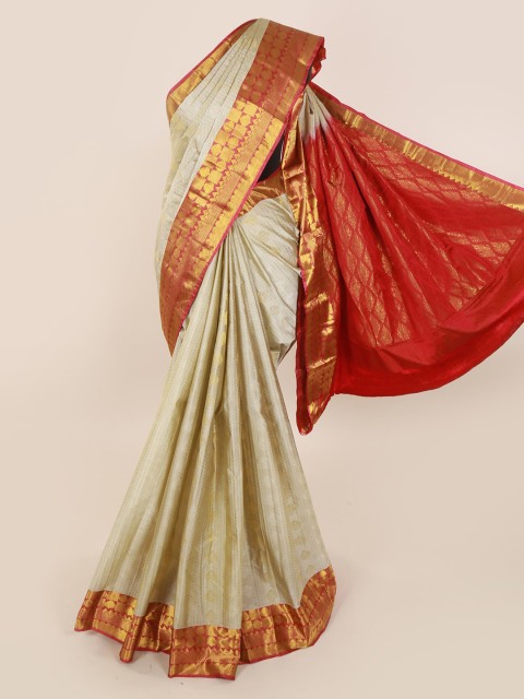 

Pothys Cream-Coloured & Orange Pure Silk Woven Design Kanjeevaram Saree