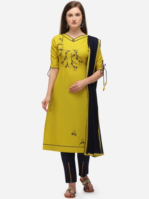 

mf Yellow & Navy Blue Cotton Blend Unstitched Dress Material