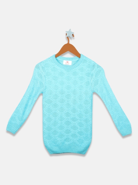 

OWM Girls Turquoise Blue Self Design Pullover Sweater