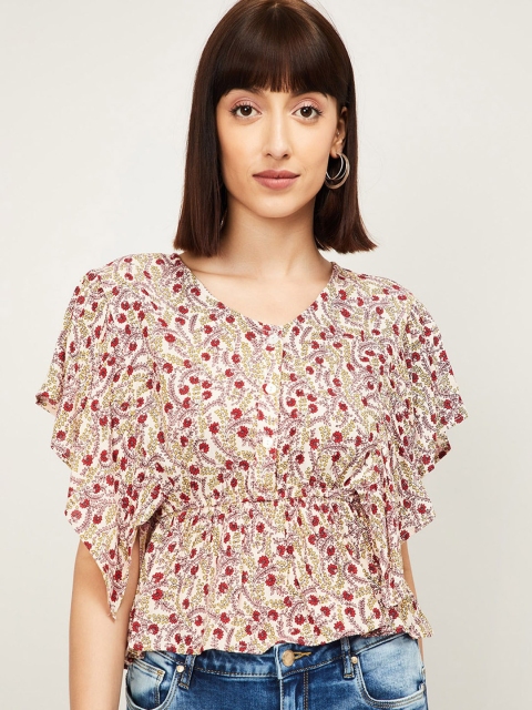 

Ginger by Lifestyle Women Off White Floral Printed Cape Sleeves Cinched Waist Top