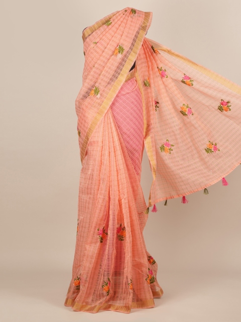 

Pothys Peach-Coloured Embroidered Jute Silk Saree With Tasseled Pallu