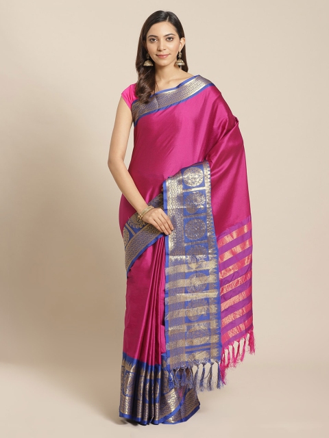 

Mitera Pink Silk Blend Solid Banarasi Saree