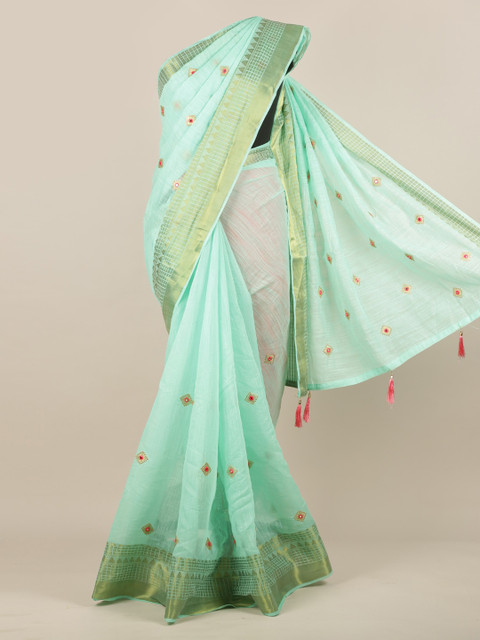 

Pothys Green Embroidered Jute Silk Saree