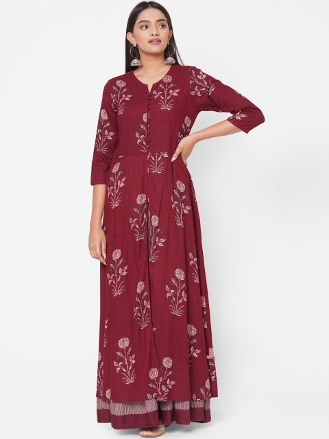 

Vedic Women Maroon Floral Printed Thread Work A-Line Kurta