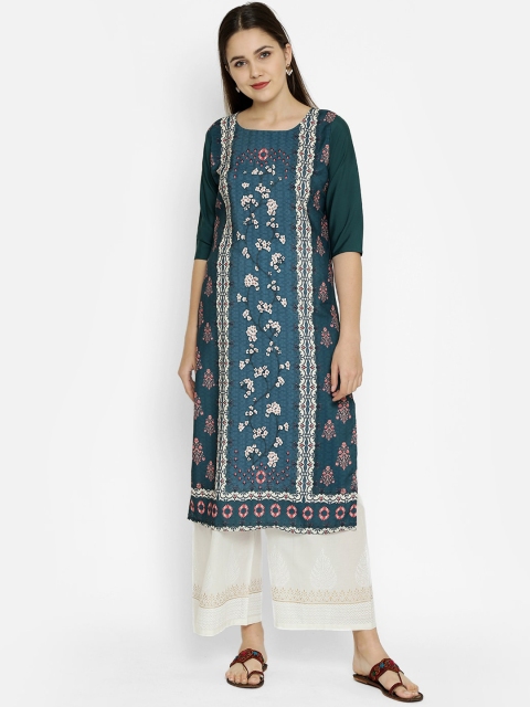 

7Threads Women Turquoise Blue Printed Crepe Kurta