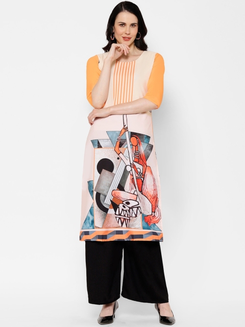

7Threads Women Orange Printed Crepe Kurta