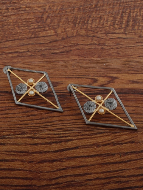 

Alamod Grey & Gold-Toned Rhodium-Plated Oxidised Geometric Drop Earrings