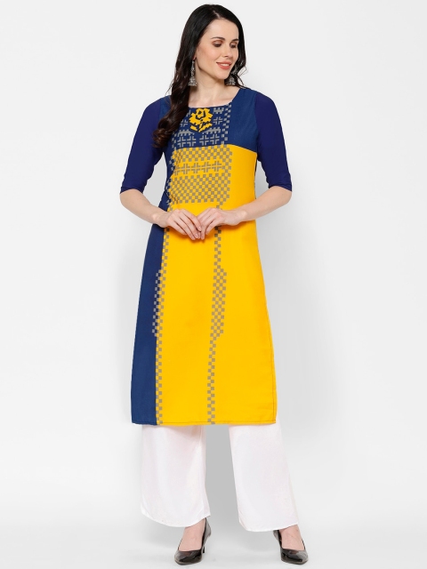 

7Threads Women Yellow & Navy Blue Geometric Printed Crepe Kurta