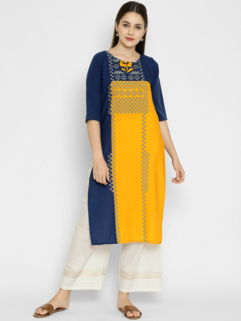 

7Threads Women Navy Blue & Yellow Colourblocked Straight Kurta