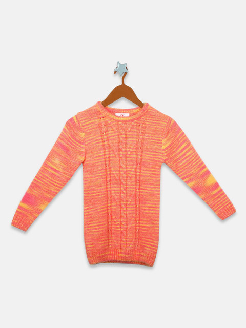 

OWM Girls Orange Self Design Pullover Sweater