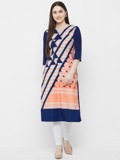 

7Threads Women Blue Geometric Printed Crepe Kurta