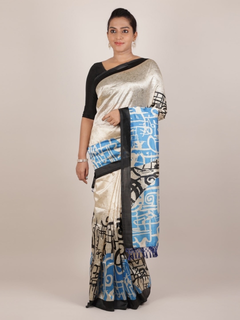 

Pothys Cream-Coloured & Blue Jute Silk Printed Saree