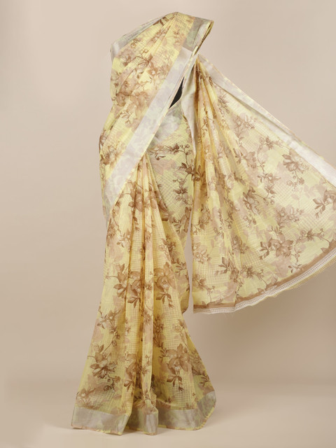 

Pothys Yellow & Brown Jute Silk Printed Saree